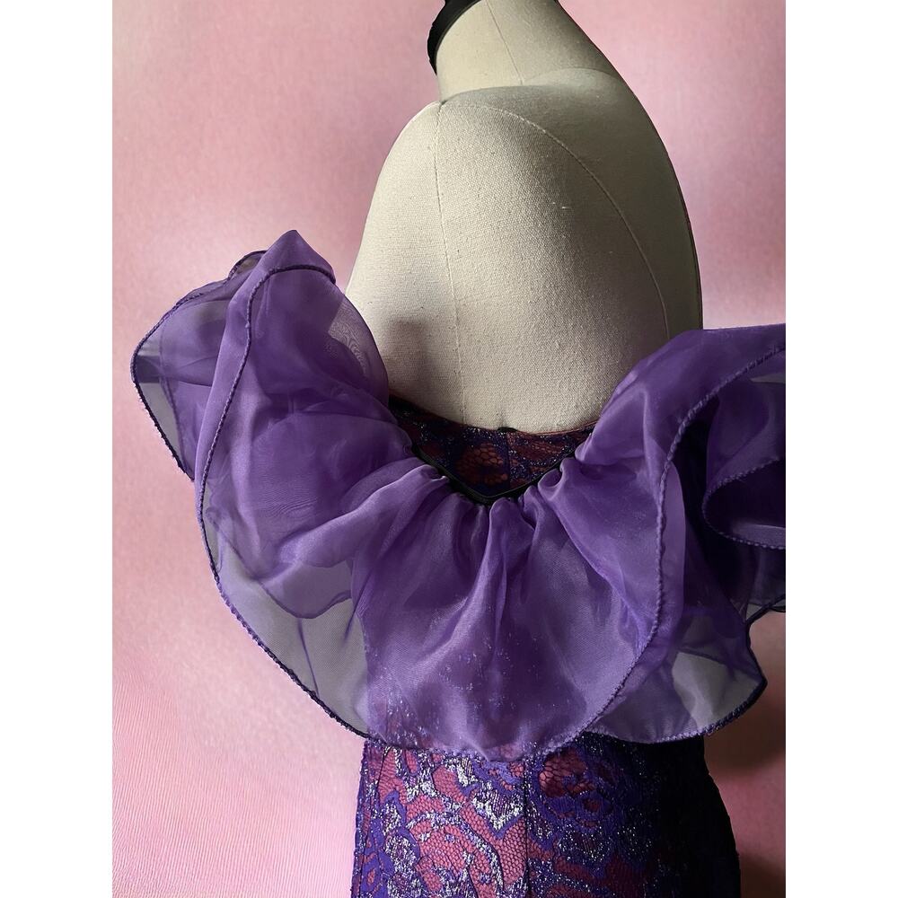 Vintage 80s Metallic Lace Gown | Purple Off Shoulder Ruffle Corset Dress| XS - Picture 6 of 9